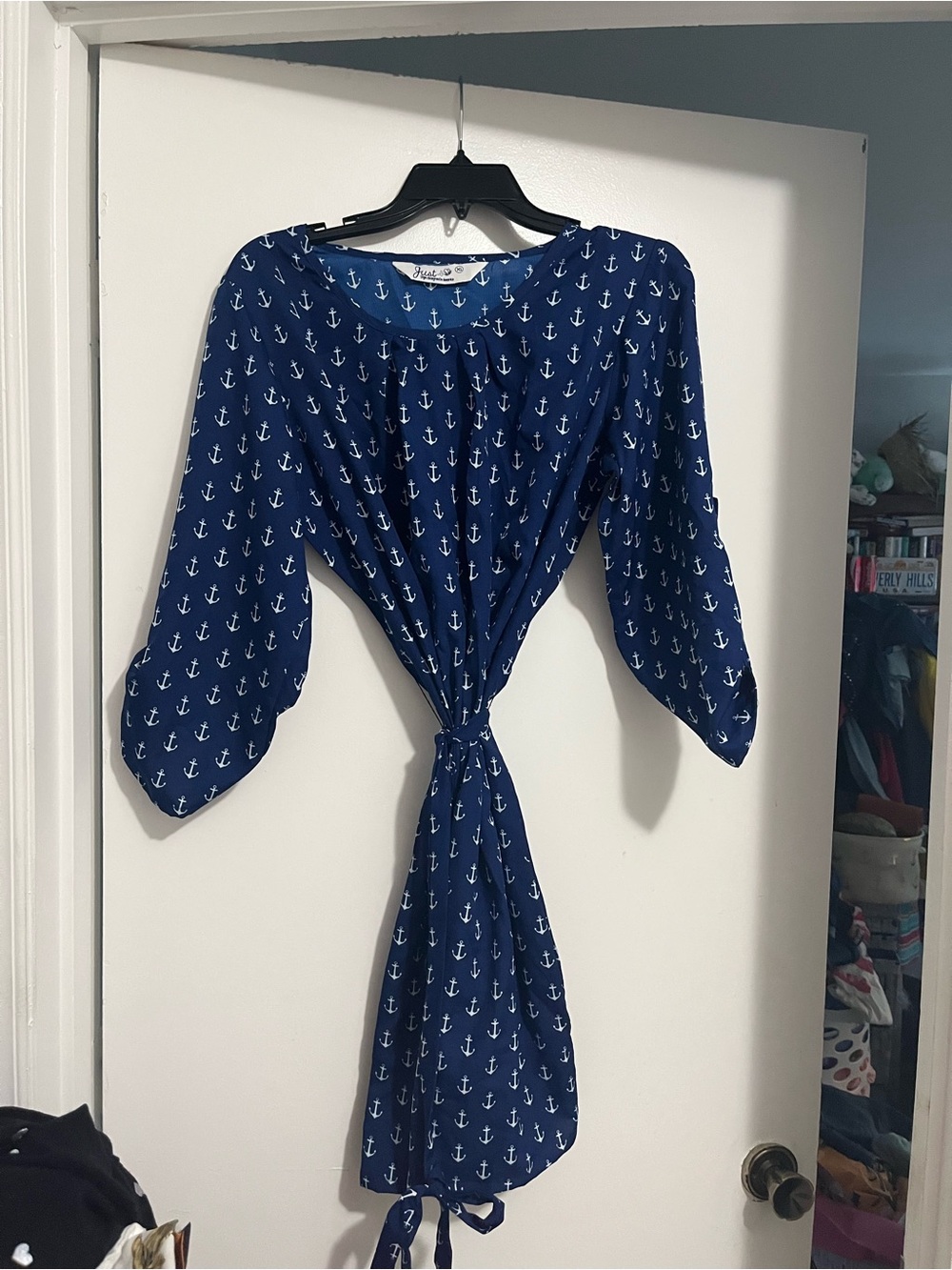 Navy Anchor Print Tie-Front Top